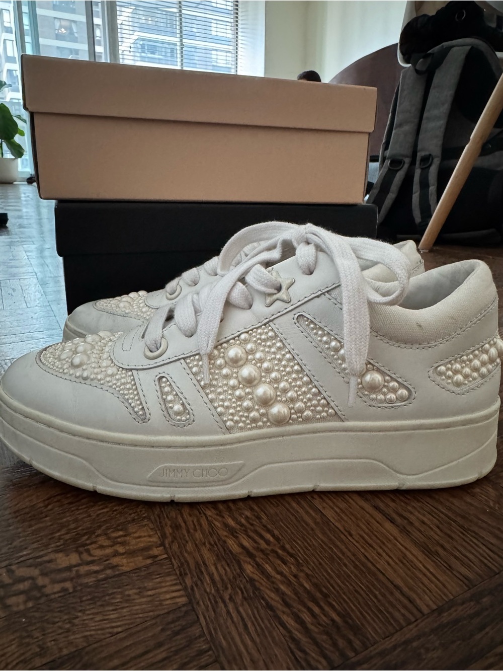 Jimmy Choo White Pearl-Embellished Women's Sneakers - Picture 2 of 4